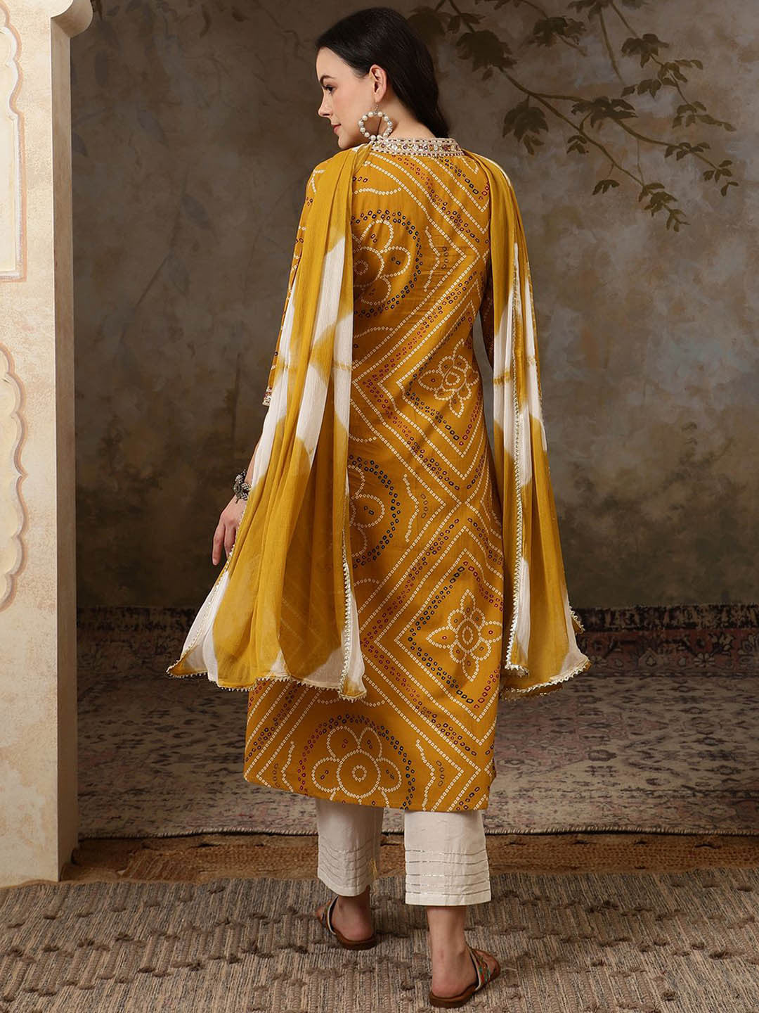 Yellow Bandhani Printed Pure Cotton Anarkali Kurta With Trousers & Dupatta