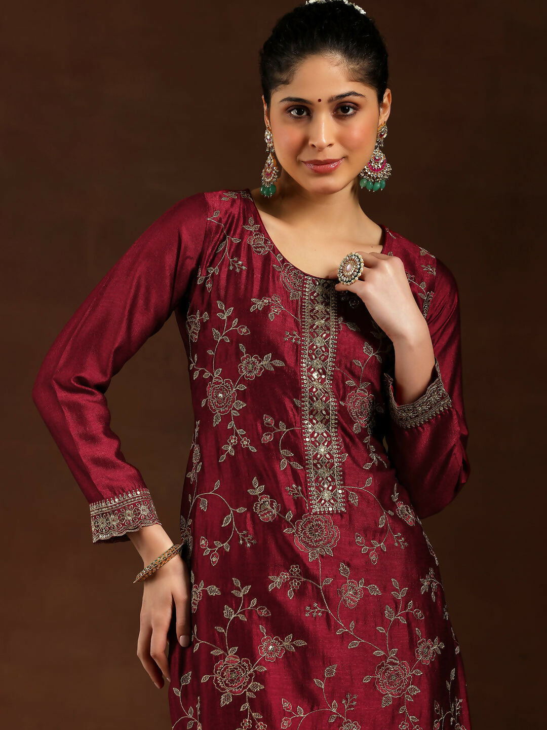 Women's LB Maroon Embroidered Silk Blend Straight Suit With Dupatta