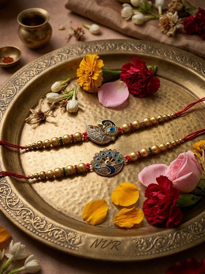 Dhiyona Set Of 2 Peacock & Ghungroo Design Multicolor Thread Rakhi With Roli Chawal Chandan