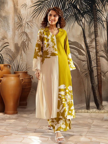 Floral Printed Shirt Collar Thread Work Straight Kurta With Palazzo