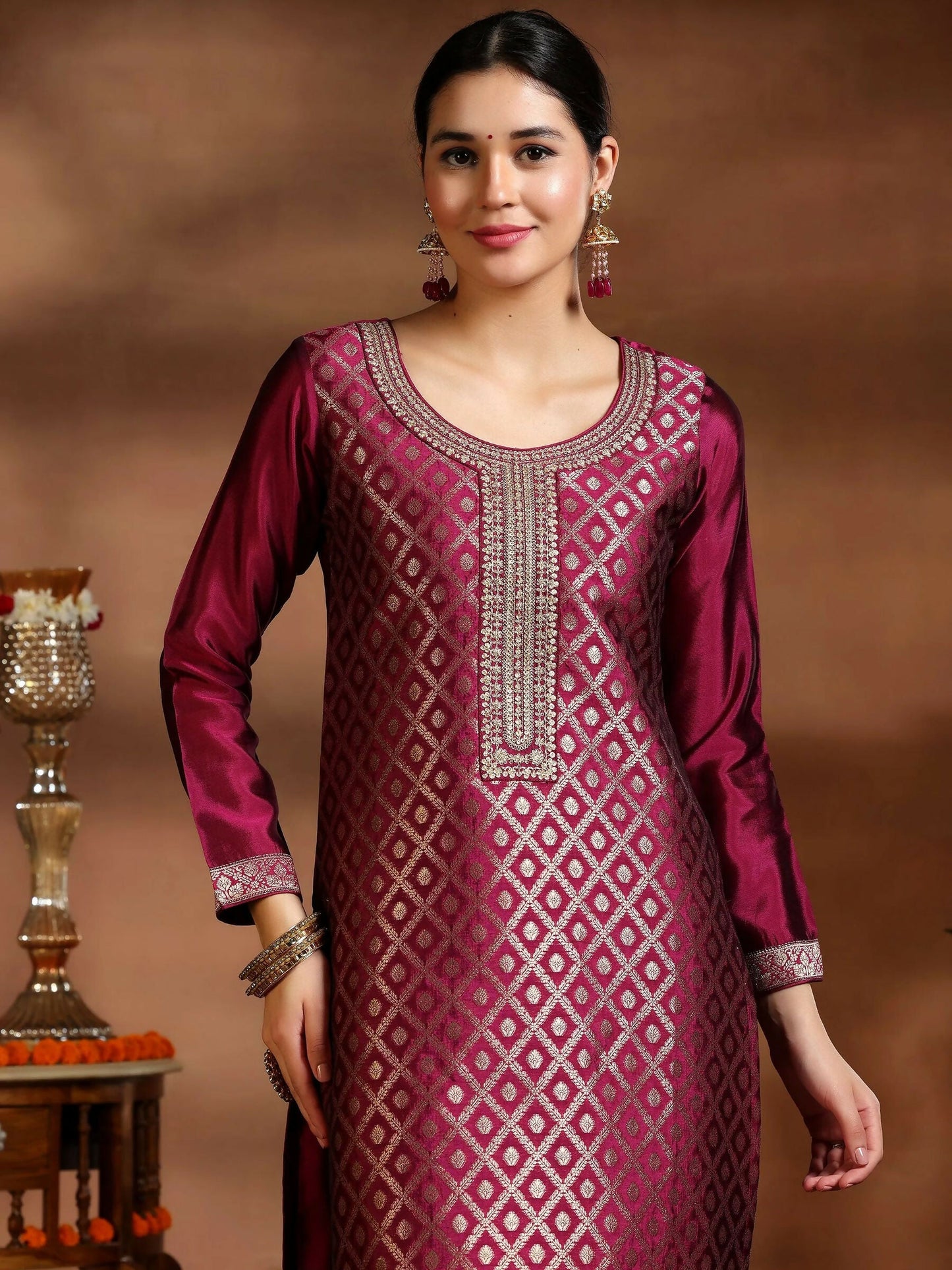 Women's LB Magenta Woven Design Silk Blend Straight Suit With Dupatta