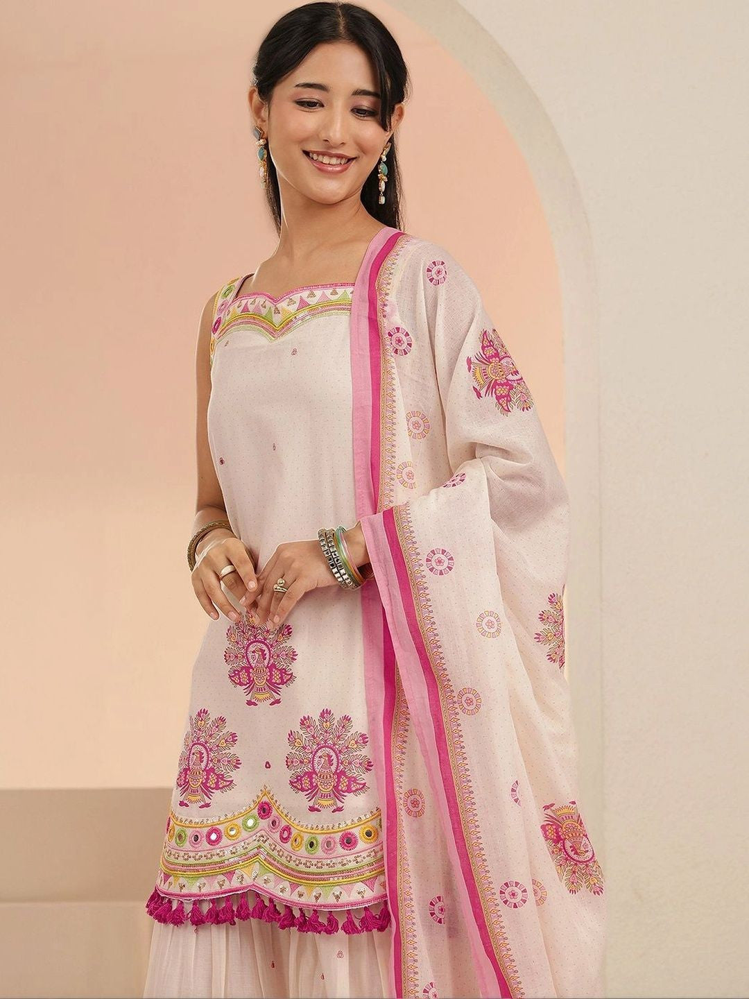 Off White Printed Cotton Sharara Suit Set with Tassel Details
