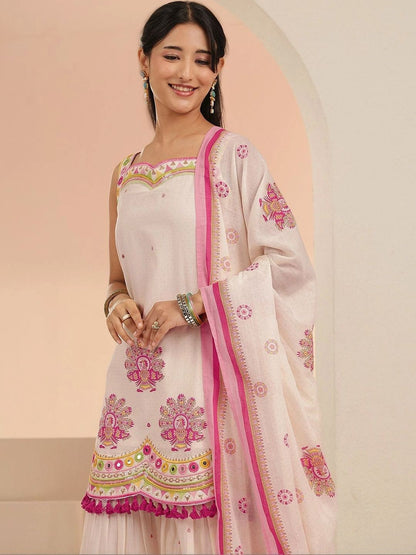 Off White Printed Cotton Sharara Suit Set with Tassel Details