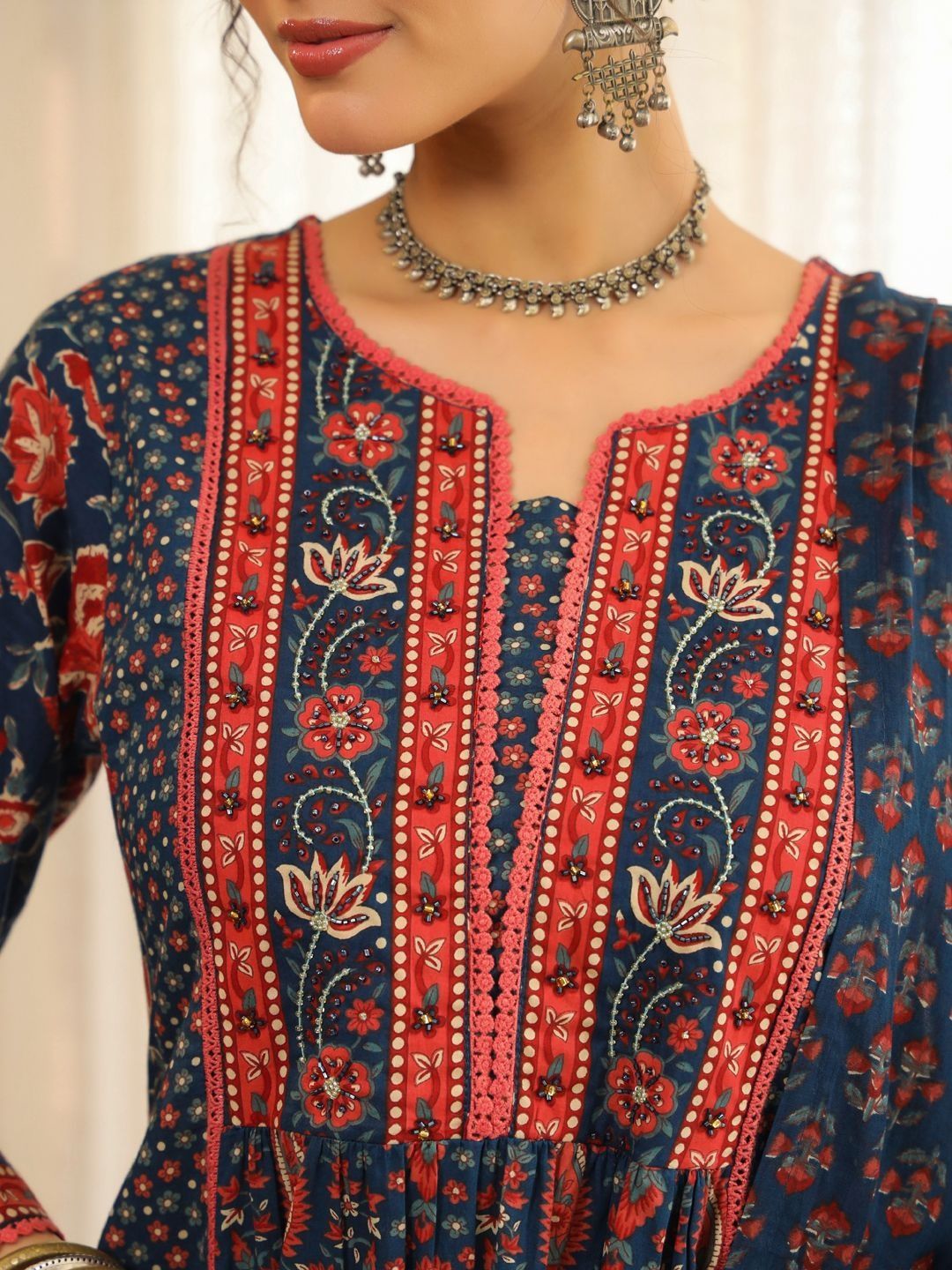 Dhiyona RR Women's Ethnic Motifs Printed Pleated Pure Cotton Kurta with Trousers & With Dupatta
