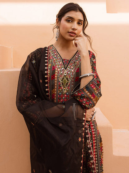 Ethnic Motifs Embroidered V-Neck Straight Kurta With Palazzos And Dupatta