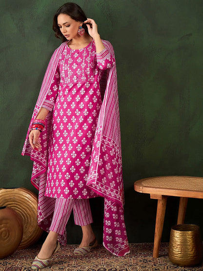 Floral Printed Pure Cotton Kurta With Trousers & Dupatta