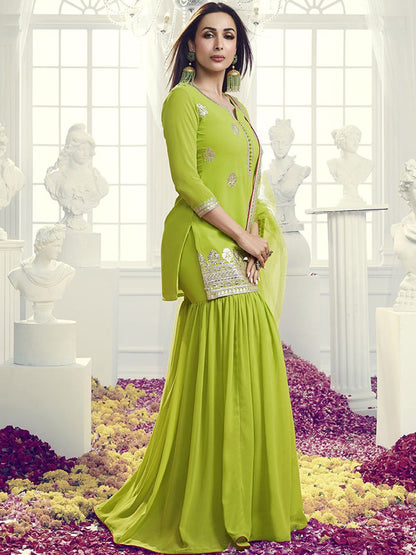 Dhiyona IN Floral Embroidered Notch Neck Georgette Straight Kurta With Sharara & Dupatta