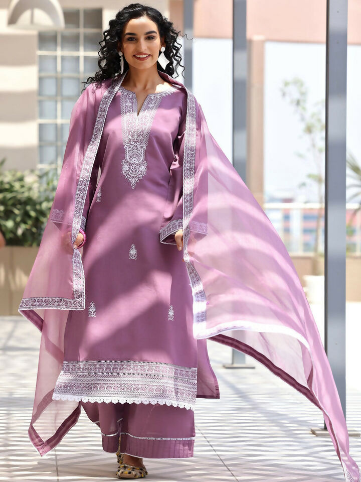 Women's LB Mauve Embroidered Silk Blend Straight Suit With Dupatta