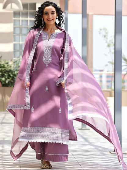 Women's LB Mauve Embroidered Silk Blend Straight Suit With Dupatta