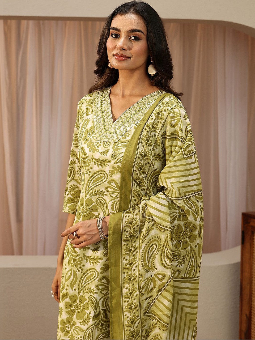 Green Paisley Printed Cotton Straight Suit Set