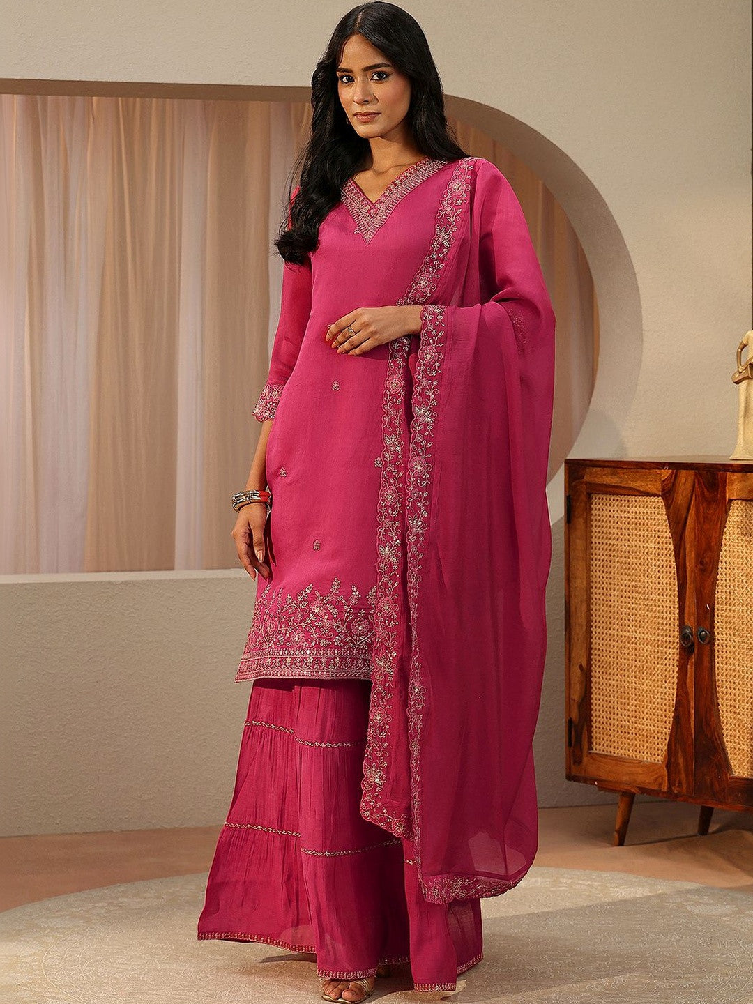 Fuchsia Pink Embroidered Chanderi Cotton Sharara Suit Set