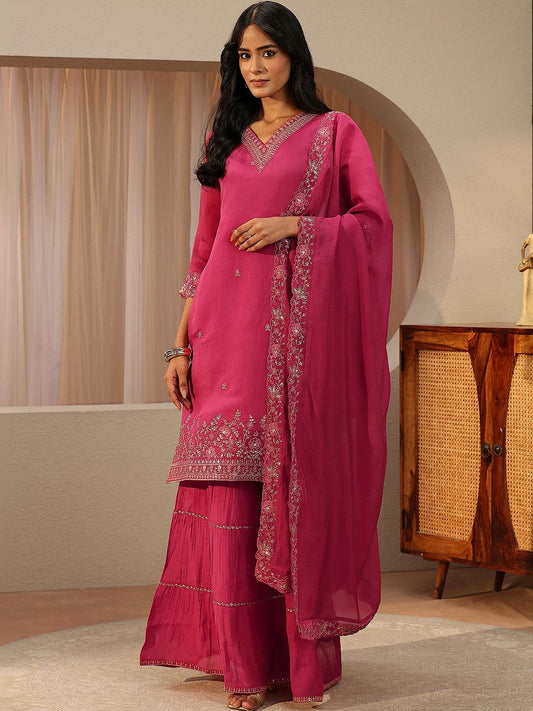 Fuchsia Pink Embroidered Chanderi Cotton Sharara Suit Set