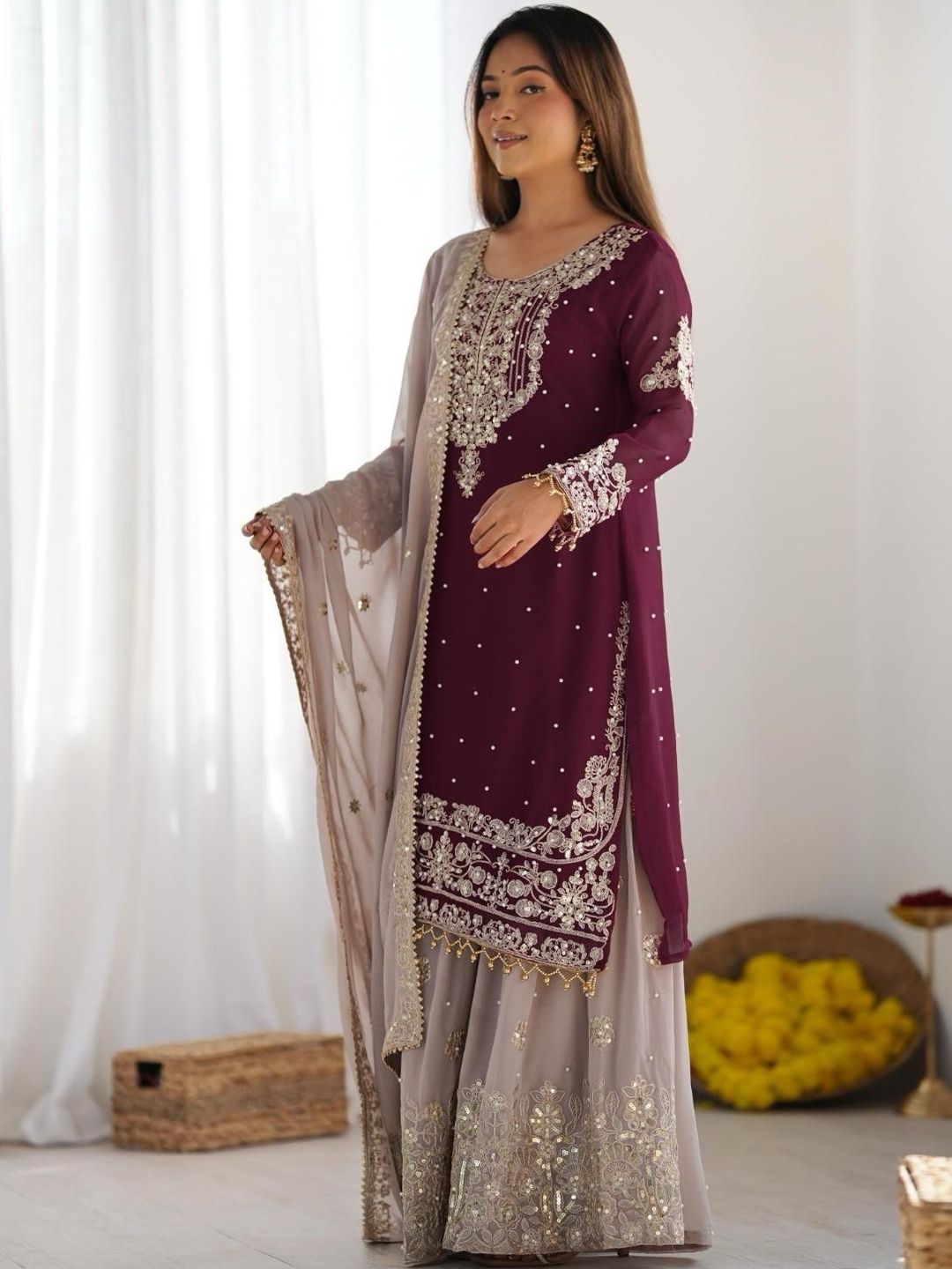 Dhiyona KL Women Embroidered Regular Sequinned Kurta with Sharara & With Dupatta