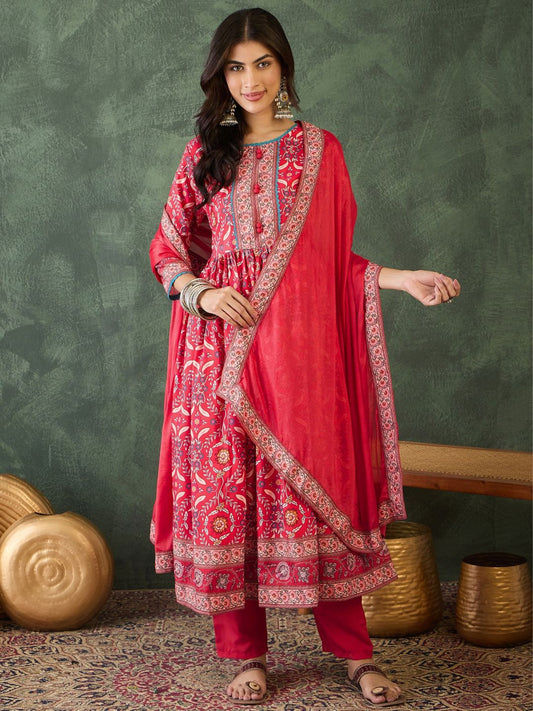 Dhiyona KL Floral Embroidered Round Neck Thread Work Kurta With Trousers & Dupatta