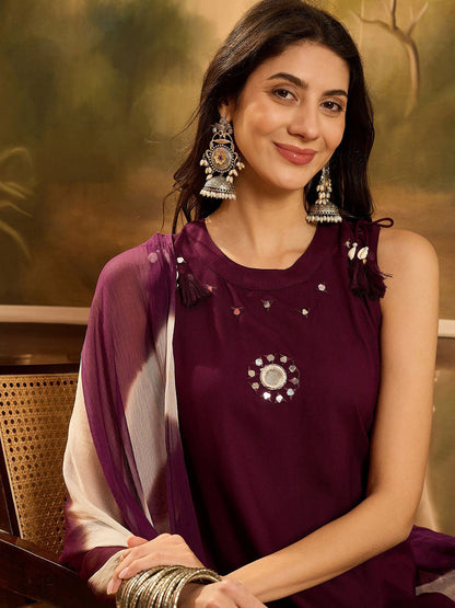 Embroidered A-Line Kurta & Palazzo With Dupatta