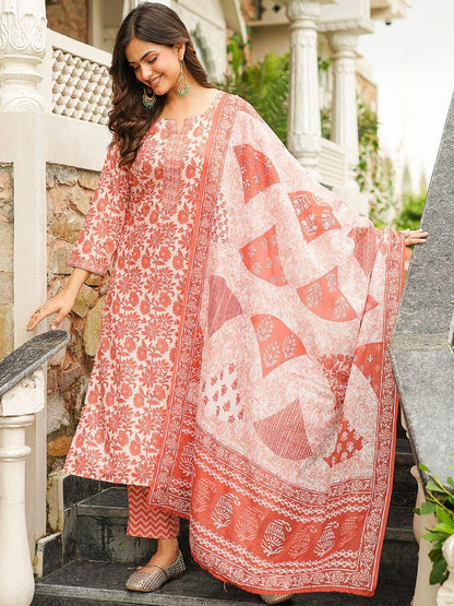 Dhiyona KL Floral Printed Notch Neck Straight Kurta & Trousers With Dupatta