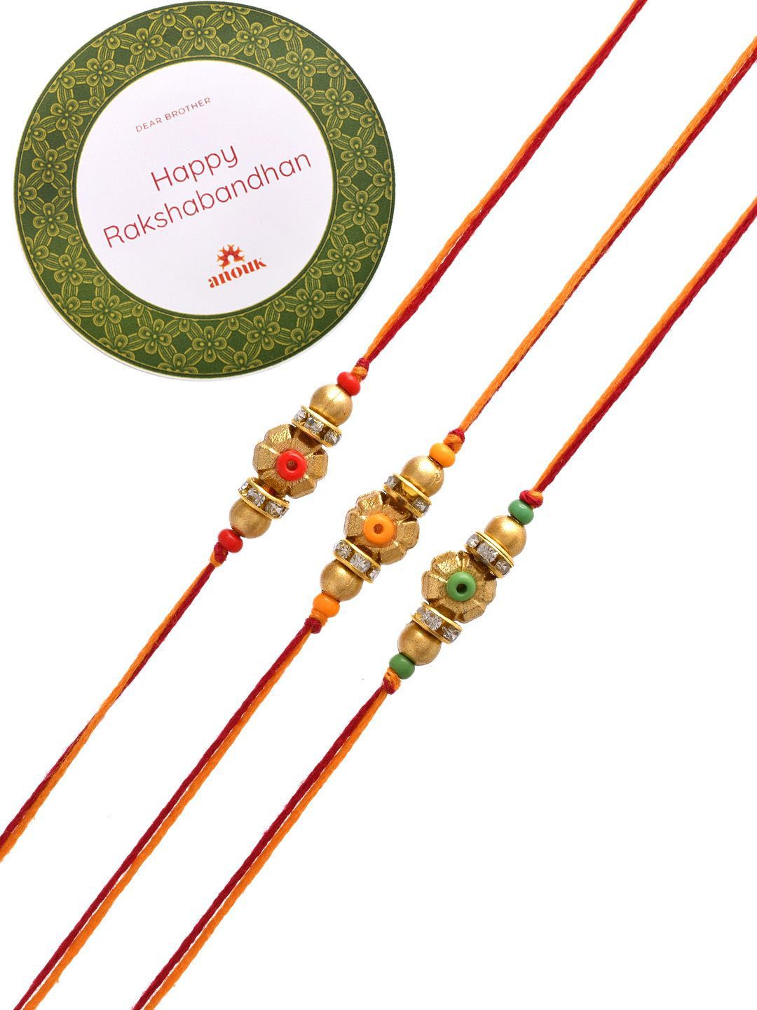 Dhiyona Set Of 3 Gold-Toned Beaded Rakhi With Roli Rice & Greeting Card