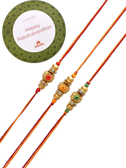 Dhiyona Set Of 3 Gold-Toned Beaded Rakhi With Roli Rice & Greeting Card