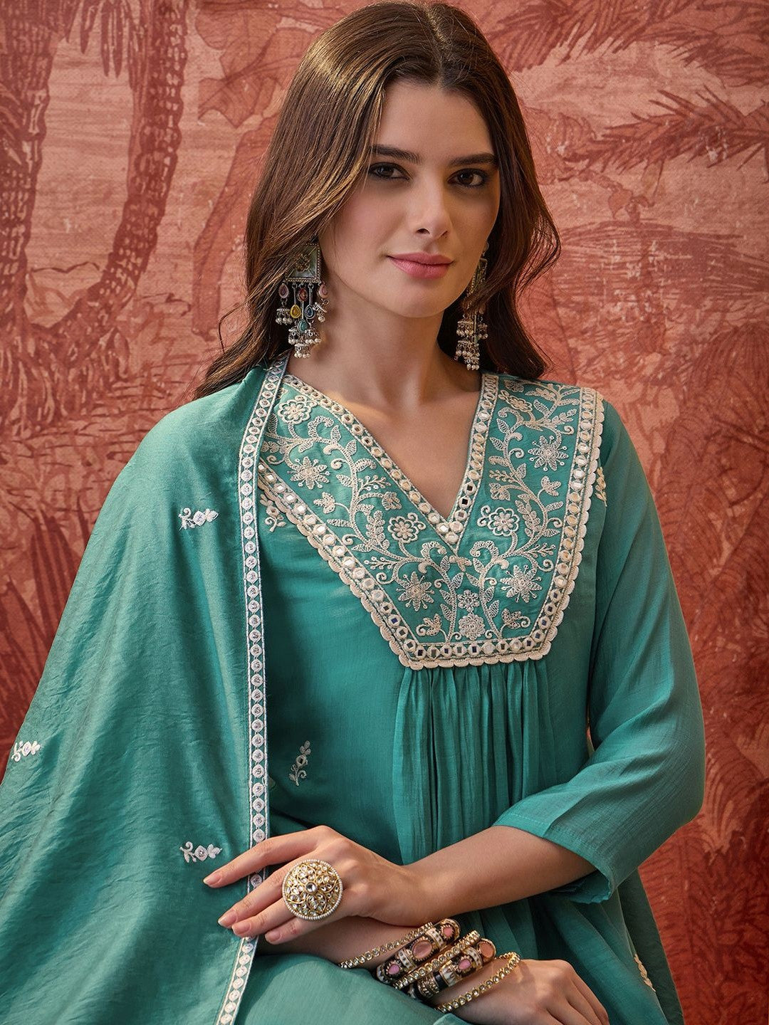 Embroidered V-Neck A-Line Kurta & Trousers With Dupatta