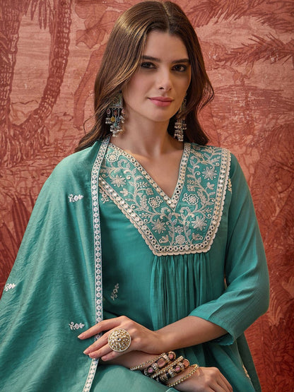 Embroidered V-Neck A-Line Kurta & Trousers With Dupatta