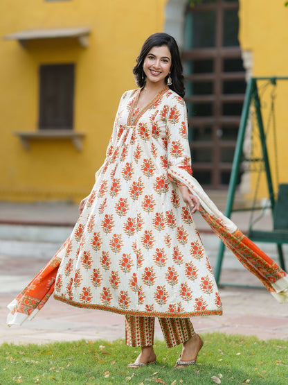 Dhiyona RR Women's Floral Printed Thread Work Pure Cotton Kurta With Trousers & Dupatta