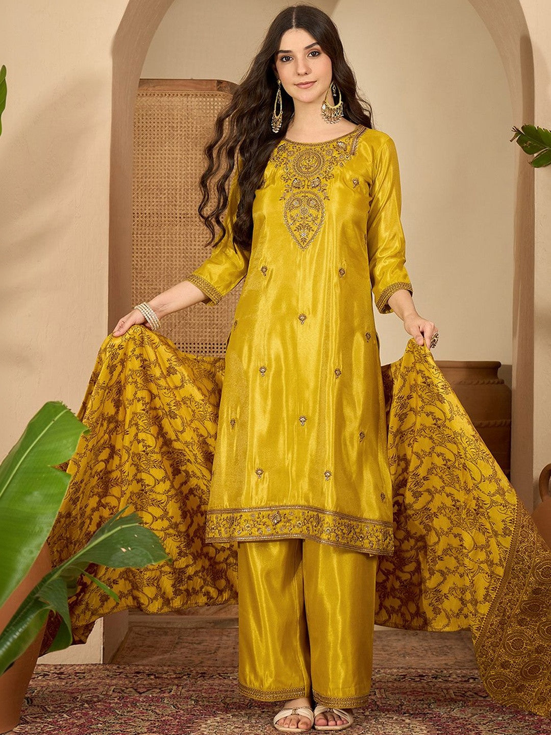 Dhiyona SN Zari Sequence Thread Embroidered Kurta With Trousers & Dupatta