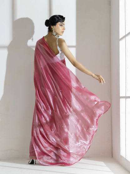 Dhiyona ST Pink Lotus Satin Organza Saree with Diamond Beads on Pallu