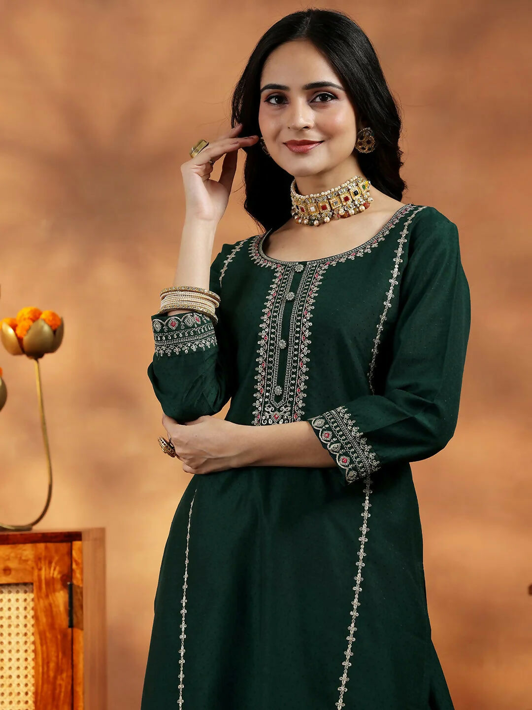 Women's LB Green Embroidered Silk Blend Straight Suit With Dupatta