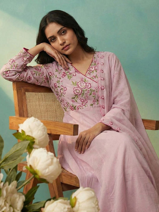 Dhiyona CH Women Floral Embroidered Angrakha Thread Work Kurta with Trousers & With Dupatta