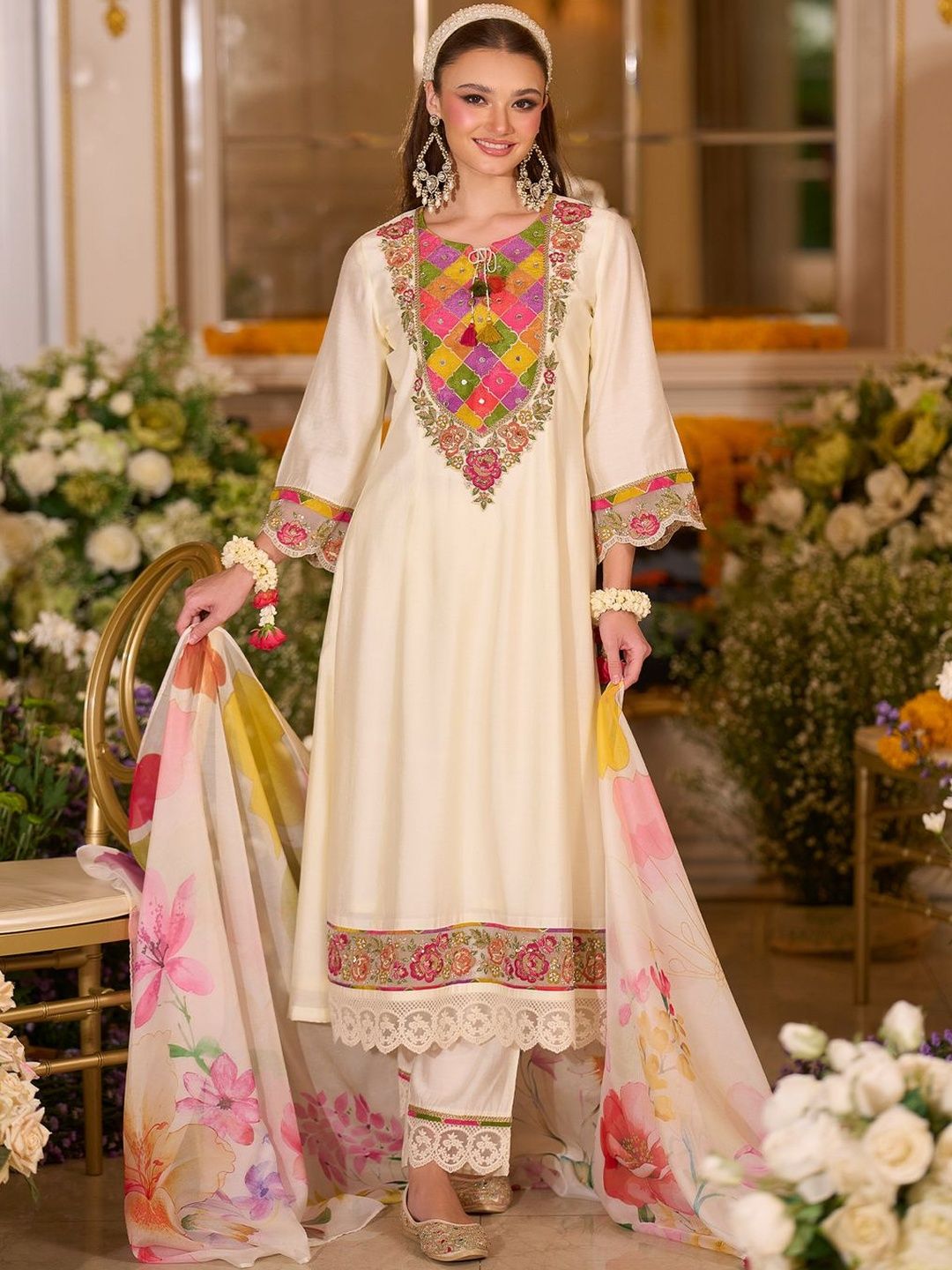 Dhiyona IE Floral Embroidered A-Line Tie-Up Neck Thread Work Kurta With Trousers & Dupatta