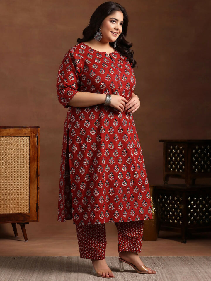 Women's LB Plus Size Rust Printed Cotton Straight Suit With Dupatta