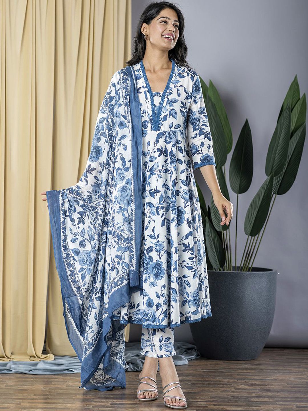 Dhiyona KL Floral Printed V-Neck Anarkali Pure Cotton Kurta With Trousers And Dupatta
