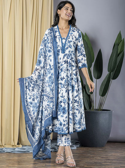 Dhiyona KL Floral Printed V-Neck Anarkali Pure Cotton Kurta With Trousers And Dupatta