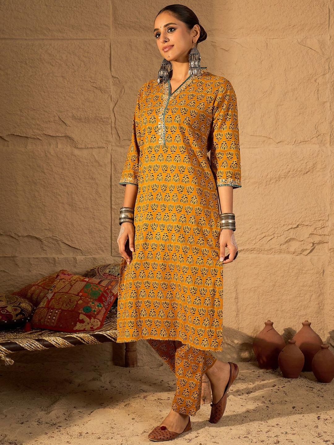 Dhiyona IE Printed Pure Cotton V-Neck Tunic With Trousers