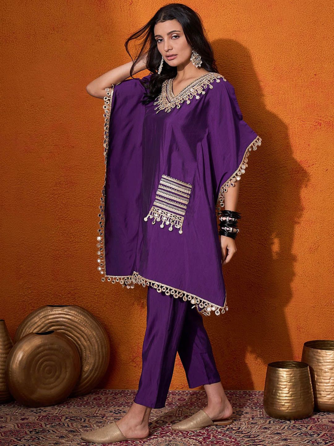 Dhiyona SN Women's Ethnic Motifs Yoke Design Embroidered Kaftan Kurta & Trousers