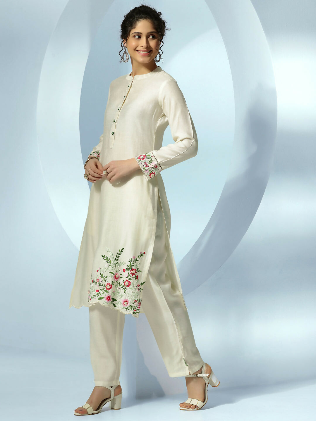 Women's LB Off White Embroidered Silk Blend Straight Kurta Set