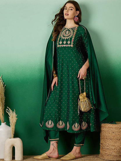 Green floral Embroidered A-Line Kurta & Trousers With Dupatta