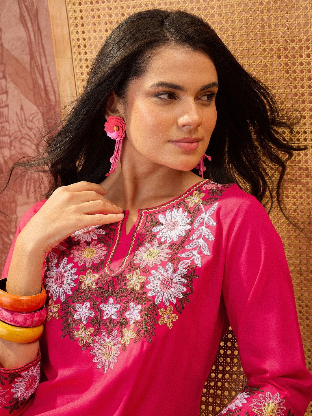 Women Floral Embroidered Regular Thread Work Pure Cotton Kurta with Trousers