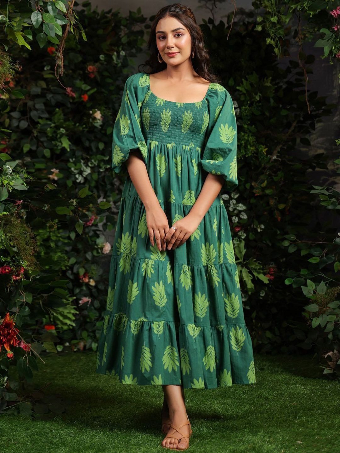 Dhiyona AY Women's Printed Puff Sleeves Cotton Maxi Ethnic Dress