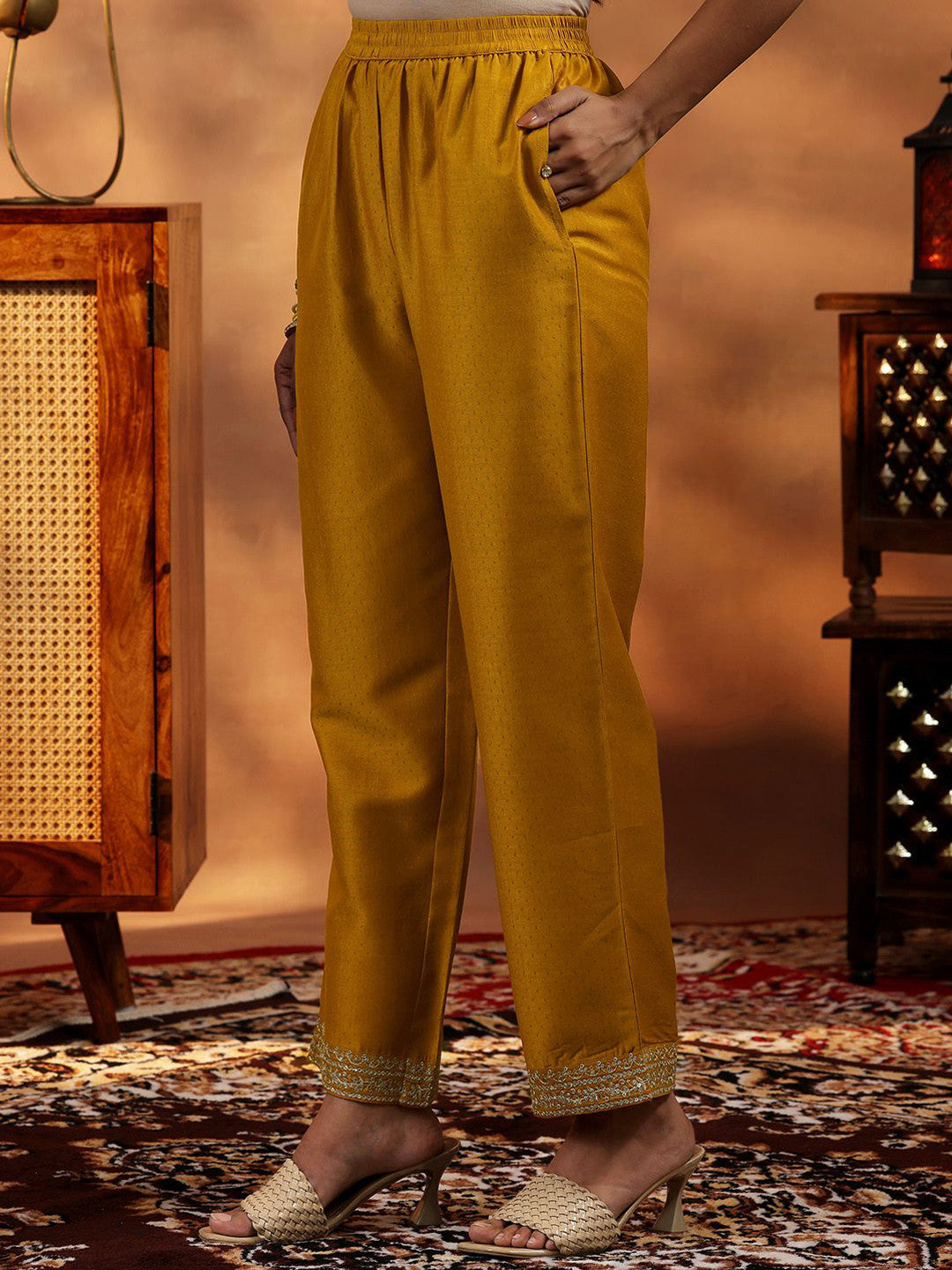 Floral Embroidered Zari Yoke Design Panelled A Line Kurta with Palazzos & Dupatta