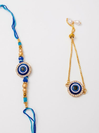 Dhiyona Set Of 2 Blue Evil Eye Gold Toned Bhaiya Bhabhi Rakhi