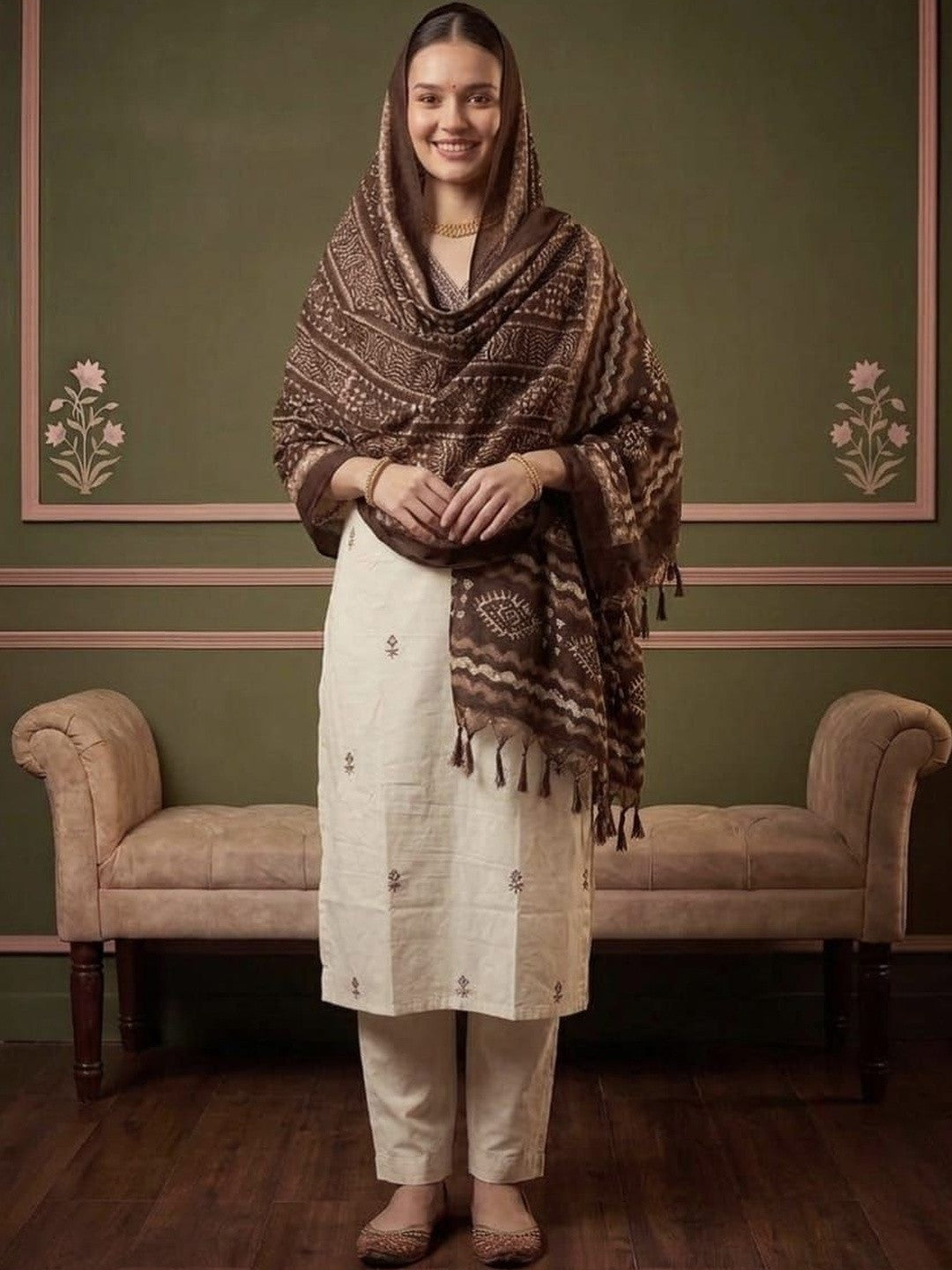 Women Ethnic Motifs Embroidered Regular Thread Work Pure Cotton Kurta with Trousers & With Dupatta