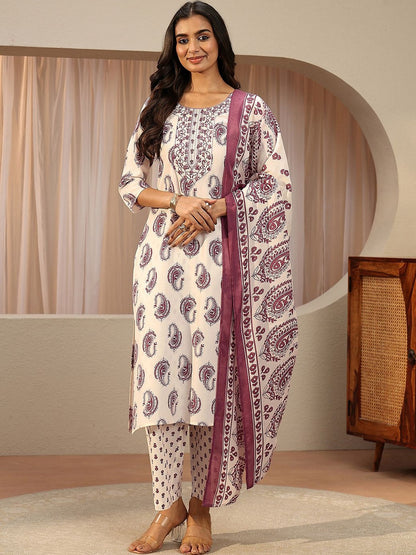 Off White Paisley Printed Cotton Blend Straight Suit Set