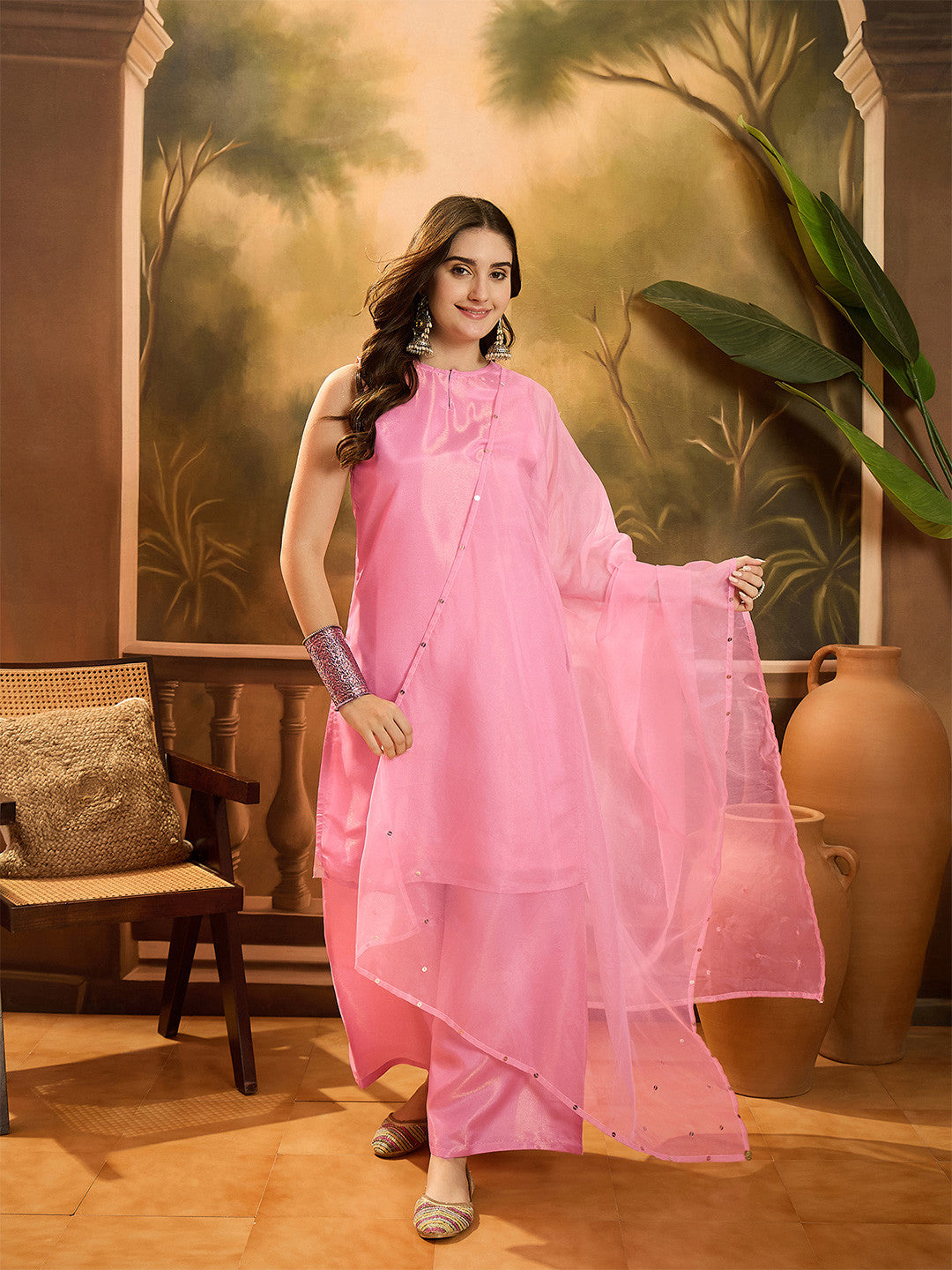 Dhiyona SN Boat Neck Sleeveless Organza Straight Kurta With Sharara & Dupatta