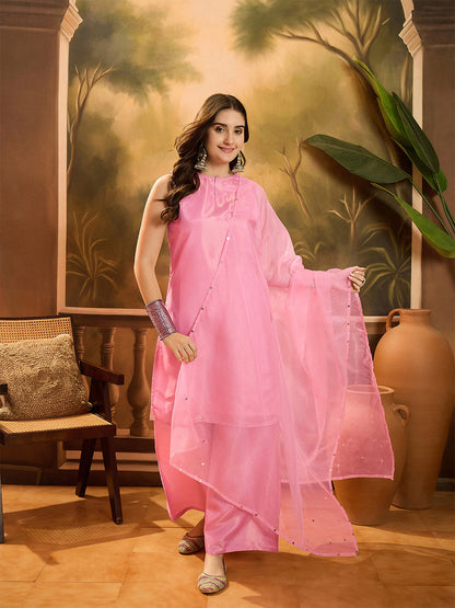 Boat Neck Sleeveless Organza Straight Kurta With Sharara & Dupatta