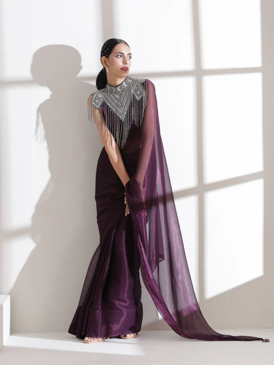 Dhiyona ST Dual Shade Wine Shimmer Chiffon Saree