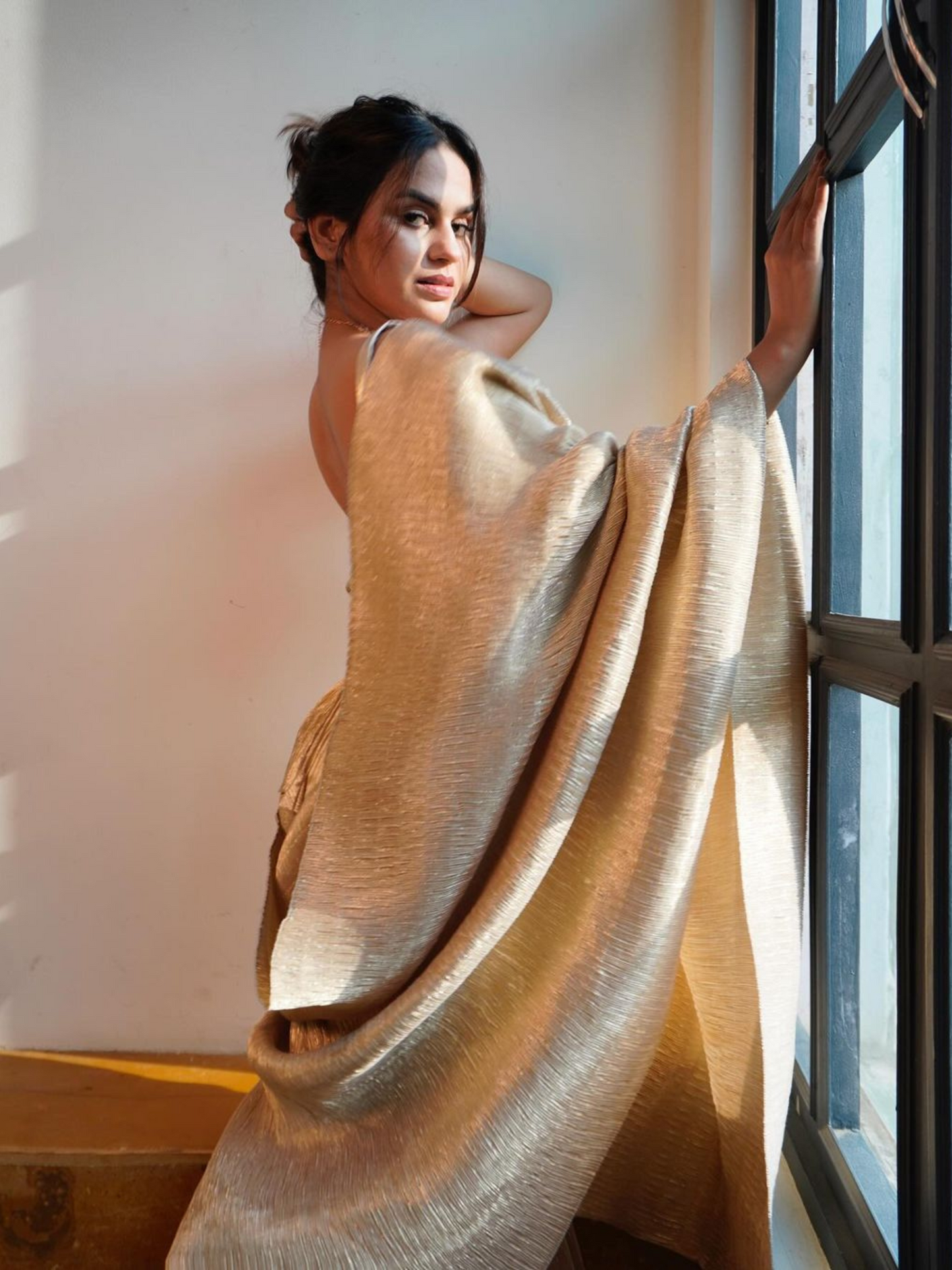 Dhiyona ST 2 pc SET - Primrose Shiny Pleated Pre-Draped Saree with Pleated Blouse Fabric