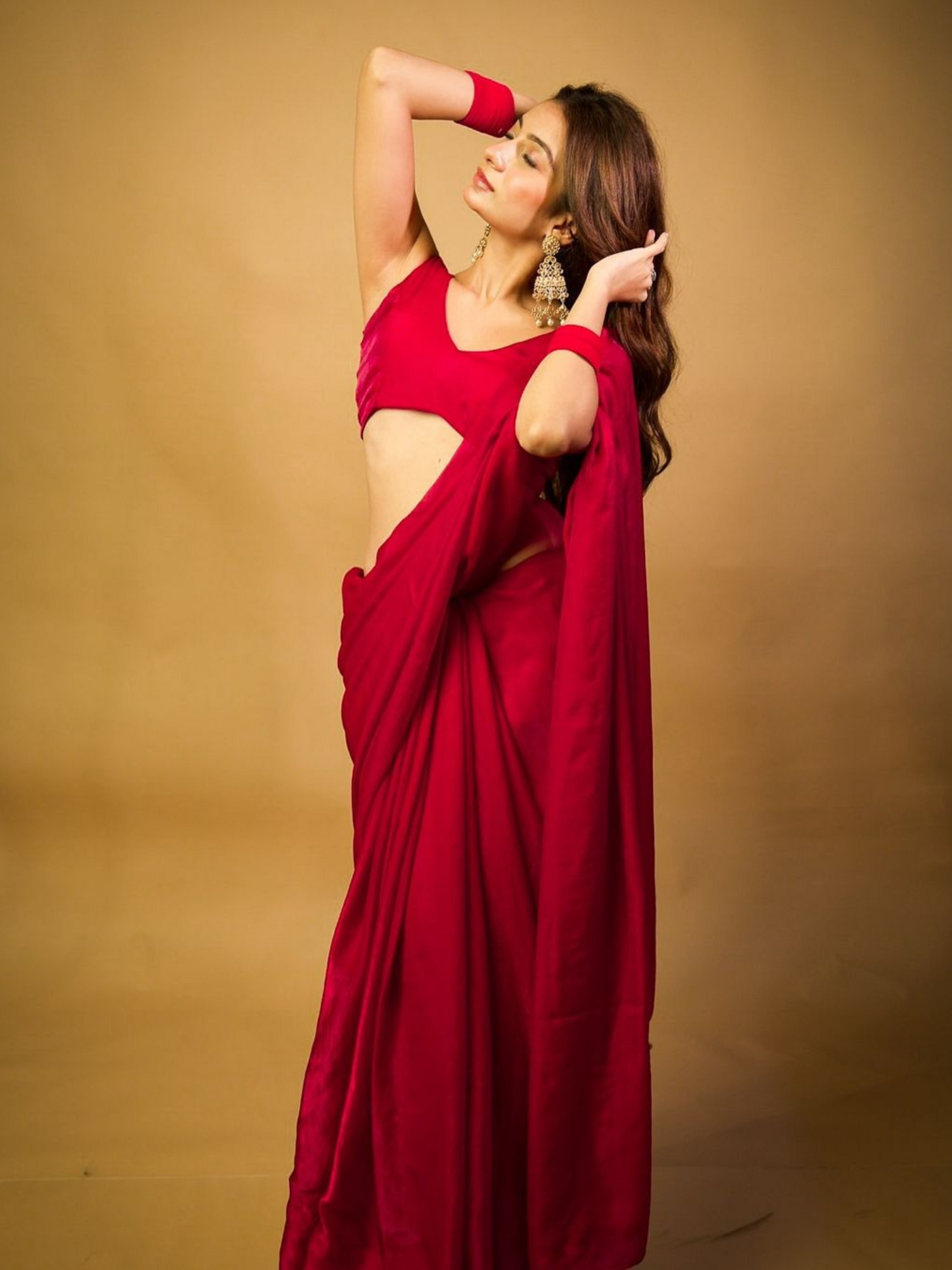 Dhiyona ST Metallic Fuchsia Red Satin Saree with Pendants and Self Blouse Fabric