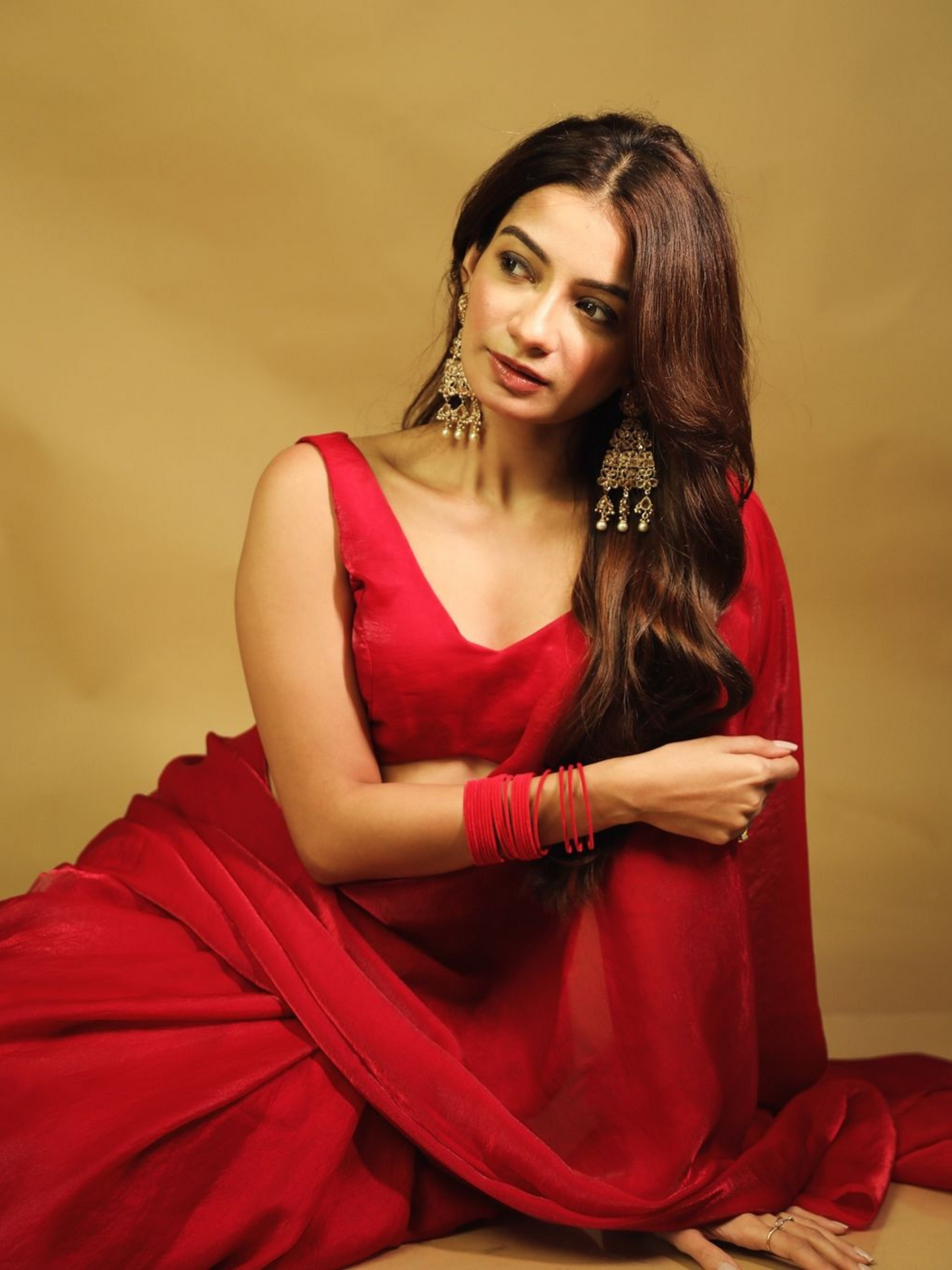 Dhiyona ST Metallic Fuchsia Red Satin Saree with Pendants and Self Blouse Fabric