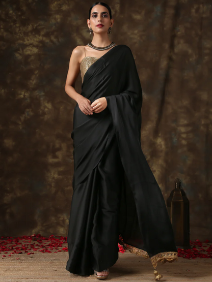 Dhiyona ST Luxurious Black Satin Saree with Dull Gold Lace and Pendants